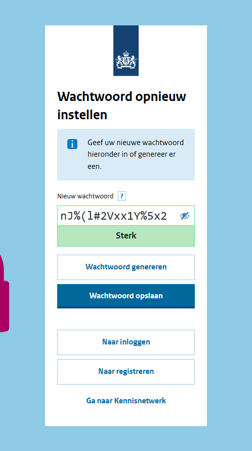 Screenshot van het formulier om het wachtwoord opnieuw in te stellen. Bedoeld als verduidelijking van de tekst.