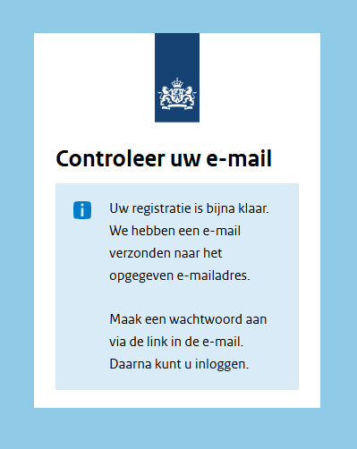 Screenshot van de bevestiging dat de registratie compleet is. Bedoeld als verduidelijking van de tekst.
