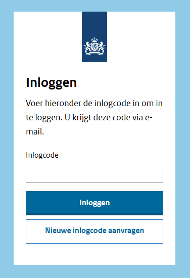 Screenshot van het scherm waarop de inlogcode moet worden ingevuld. Bedoeld als verduidelijking van de tekst.