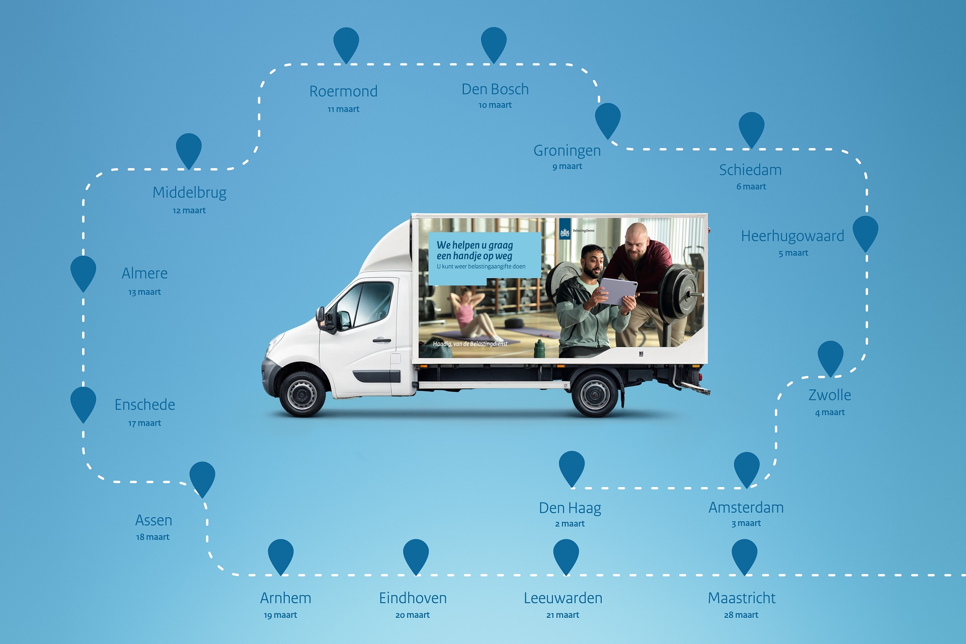 Kaart met daarop de locaties waar de Belastingdienst-bus heengaat in maart 2026. In het midden staat een foto van de bus.